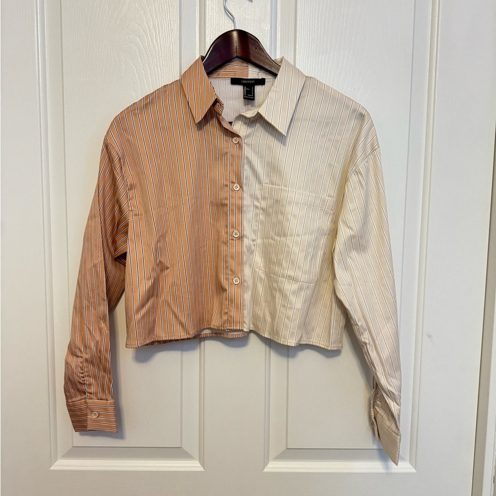 Forever 21‎ Colorblock Pinstripe Button Front Cropped Shirt Size S